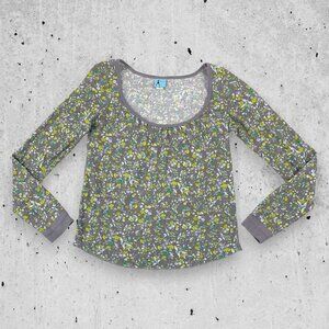 Vintage Y2K Damsel LARGE Scoop Neck Ribbed Knit Thermal Floral Ditsy Shirt